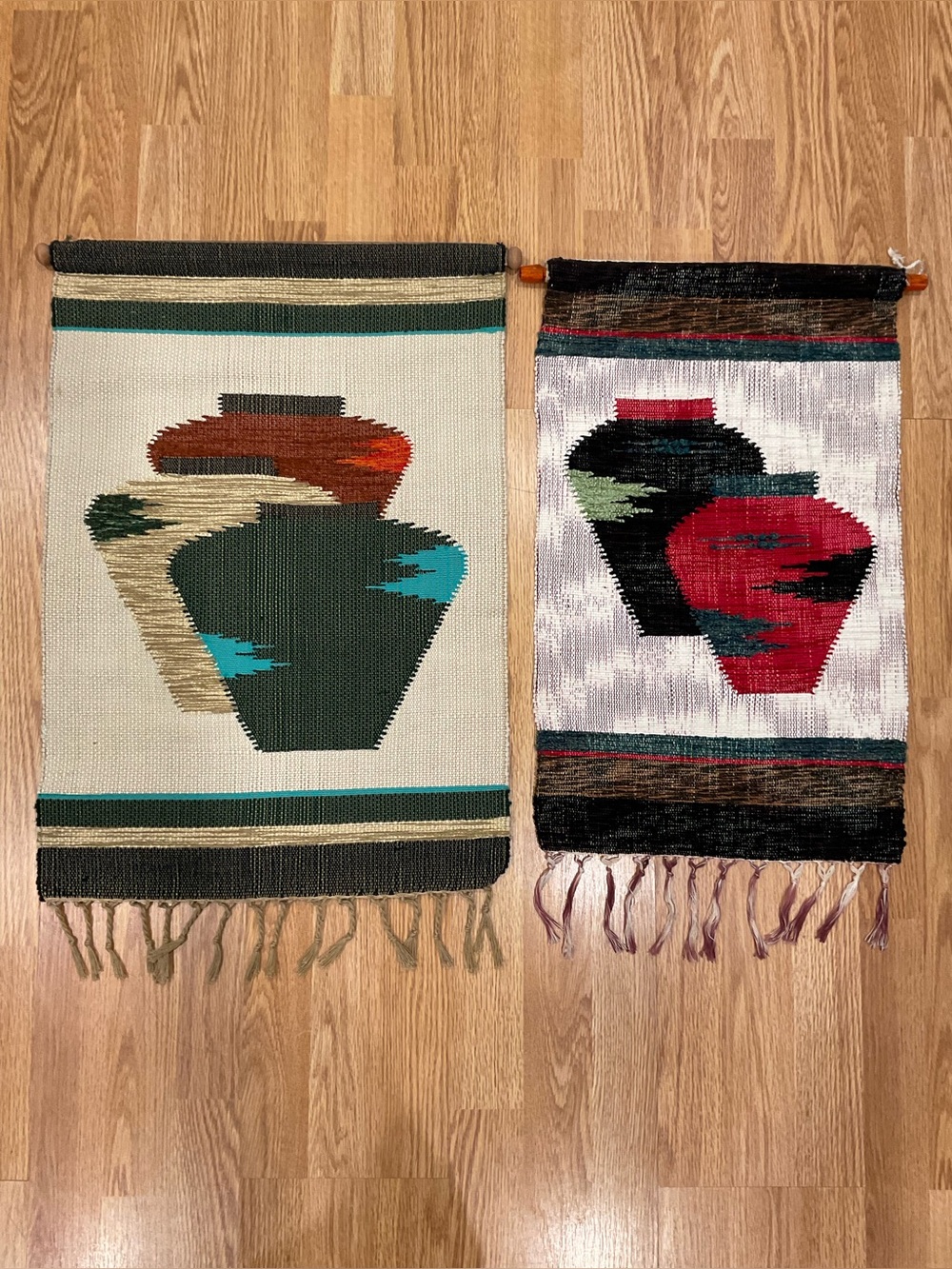 Handwoven Textile Wall Hangings with Geometric Vase Motifs - Green & Red